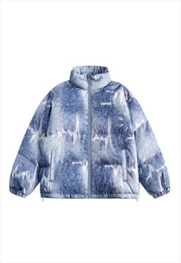 Denim wash bomber distressed denim feel winter jacket blue