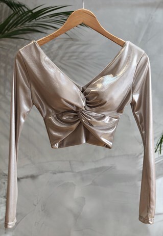 SILVER TWIST FRONT LONG SLEEVED CROP TOP
