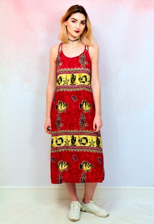 1990S VINTAGE RED BEACH COVER UP MIDI DRESS