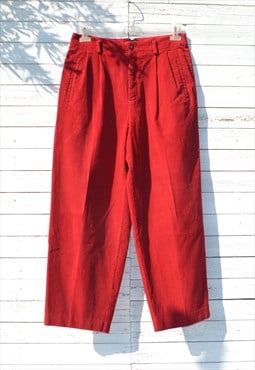 Vintage red corduroy pleated wide-tapered leg trousers,pants