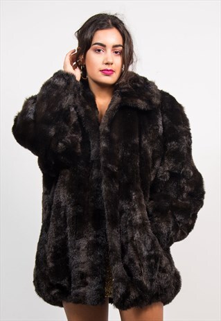 VINTAGE 90'S DARK BROWN THICK FAUX FUR COAT