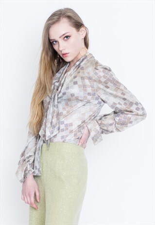VINTAGE GREY CHECKED LONG SLEEVE RETRO SHIRT