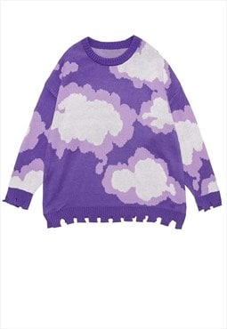 Cloud print sweater ripped knitwear jumper grunge top purple