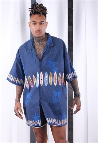 VINTAGE 90'S BLUE HAWAIIAN PRINT SILK SHIRT.UNISEX.FESTIVAL