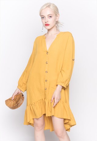 LONG SLEEVE OVERSIZED LINEN SHIRT DRESS IN MUSTARD YELLOW