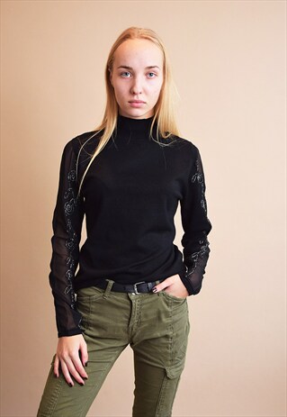 90'S RETRO TURTLENECK EMBROIDERY KNIT JUMPER TOP