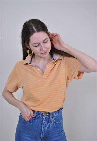 90S TOMMY HILFIGER STRIPED POLO, VINTAGE YELLOW ORANGE SPORT