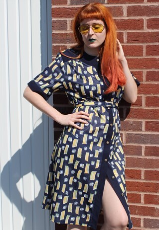 VINTAGE 70'S NAVY BLUE YELLOW GEOMETRIC PRINT MIDI DRESS