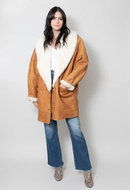 80's Brown Shearling Leather Oversized Cream Coat Jacket