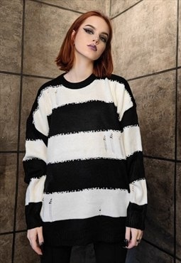 Punk stripe sweater distressed grunge jumper in white black