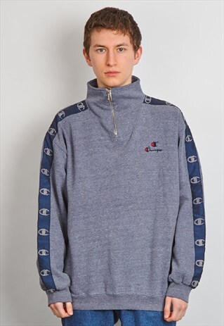 VINTAGE 90'S CHAMPION LOGO BLUE THREE QUARTER ZIP SWEATER
