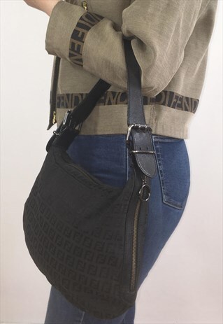 WOMENS FENDI HANDBAG BLACK ZUCCA ALL OVER MONOGRAM PRINT