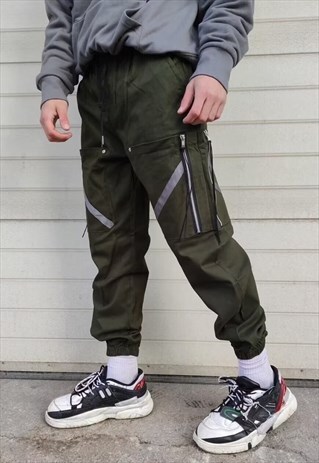 CARGO POCKET PANELED EMBROIDERED JOGGERS ZIPPER PANTS GREEN
