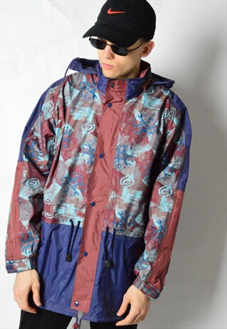 VINTAGE 90S NAVY BLUE BURGUNDY ABSTRACT RAIN COAT