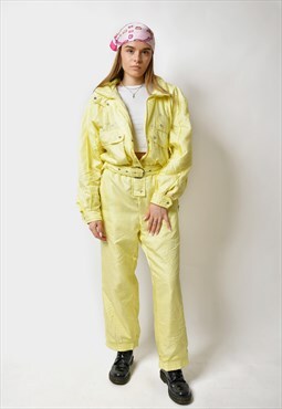 80s vintage ski suit for women yellow retro winter hooded 