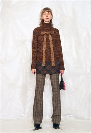 VINTAGE Y2K KNIT JUMPER IN BROWN W REWORKED KNITTED BOW