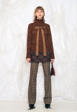 Vintage Y2K Knit Jumper in Brown w Reworked Knitted Bow