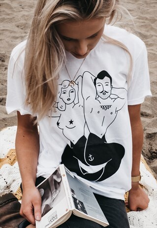 ART DISCO 'MERMAID & MERMAN' HAND PRINTED T-SHIRT IN WHITE