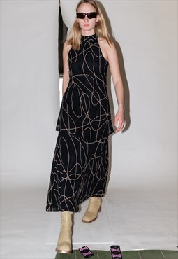 Vintage 90s glam gold abstract print evening dress in black