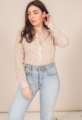 VINTAGE 70S FLORAL CHECK PRINT BLOUSE