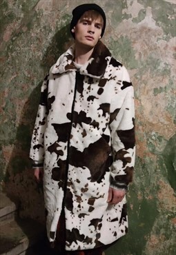 Cow fleece jacket faux fur long animal print coat in white