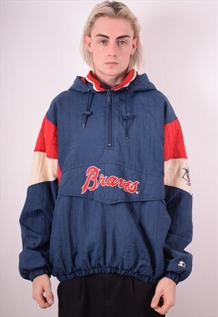 STARTER MENS VINTAGE BRAVES PULLOVER JACKET LARGE BLUE 90S