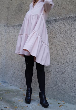 TIERED DRESS WINTER RUFFLED WOOL SHIRT LOOSE TUNIC F1531