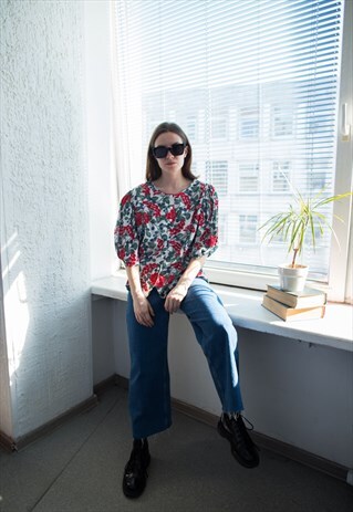 VINTAGE 60'S FLORAL PRINT PUFF SLEEVED BLOUSE