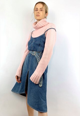 VINTAGE 80S 90S UNIQUE MIDI ASYMMETRIC CUT MIDI DENIM DRESS