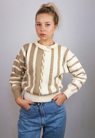 BLEYLE VINTAGE 80'S VIRGIN WOOL KNIT TOP CREAM AND BROWN