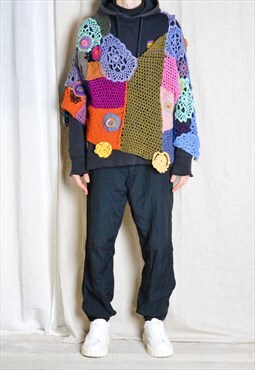 Vintage 80s Unisex Colourful Patchwork Crochet Hippie Top
