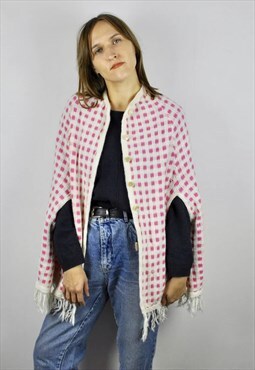 80s wool knit cardigan cape sweater jacket pink check poncho