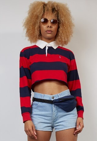 VINTAGE 90'S RALPH LAUREN REWORKED STRIPE CROP POLO TOP