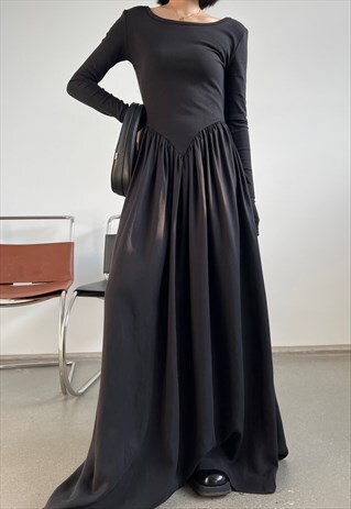 Black Casual Long Sleeve Midi Dress 