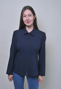 Vintage 90s zip up blazer, blue formal jacket fitted blazer
