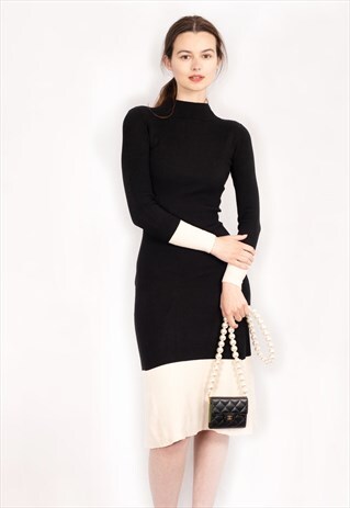 KNITTED RIBBED MIDI BODYCON DRESS IN BLACK CREAM CONTRAST