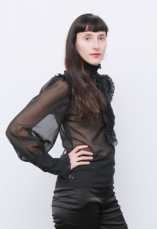 RARE VINTAGE 1980'S BLACK SHEER CHIFFON BLOUSE SHIRT