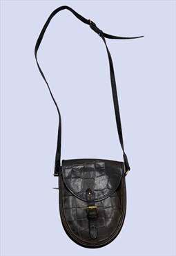 Vintage Dark Brown Leather Croc Print Small Crossbody Bag