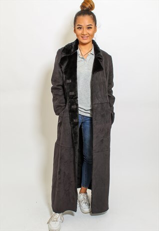VINTAGE SHEARLING COAT FAUX FUR LINED JACKET IN BLACK M/L