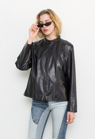 VINTAGE 90S FAUX LEATHER DARK PURPLE SNAKESKIN MINI JACKET