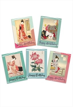 Happy Birthday Japanese Ukiyo-e Art Greeting Cards Set of 5
