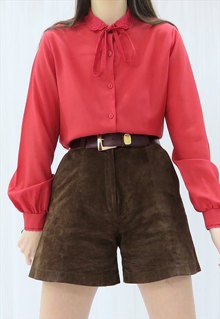 80s Vintage Red Pussybow Shirt Blouse (Size M)