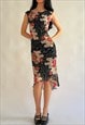 00s Black Floral Boat Neck Asymmetrical Hem Mesh Midi Dress