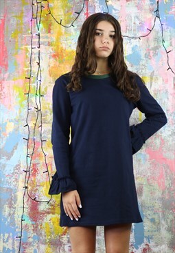 Blue Cotton Mini Dress with frill sleeves