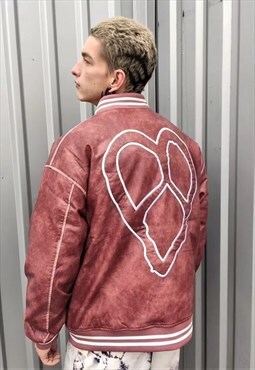 Heart patch varsity jacket PU leather MA-1 slogan bomber red