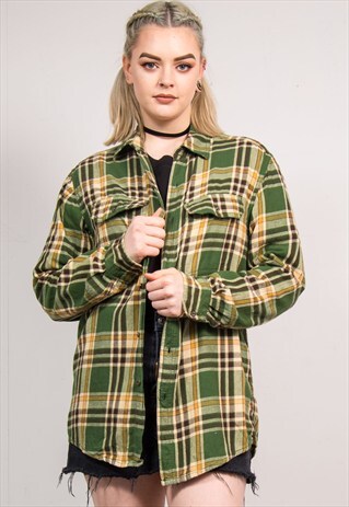 90'S VINTAGE GREEN CHECK PATTERN FLANNEL SHIRT
