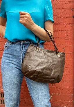 1980s Dark Brown Leather Twin Handle Bag