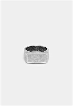 54 Floral Brushed Steel Square Face Signet Ring - Silver