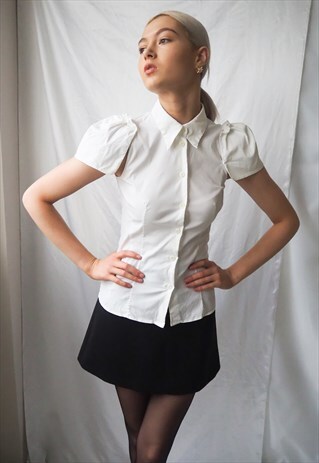 VINTAGE REVIVAL 1980'S PRADA WHITE BALLOON SLEEVE BLOUSE