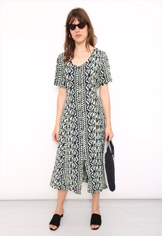 VINTAGE 90S GREEN AZTEC BOHO PRINT MIDI DRESS